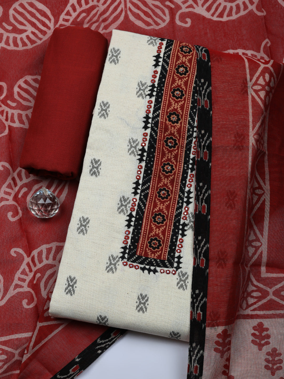 Printed Cotton Unstitched Suit With Pant &amp; Dupatta