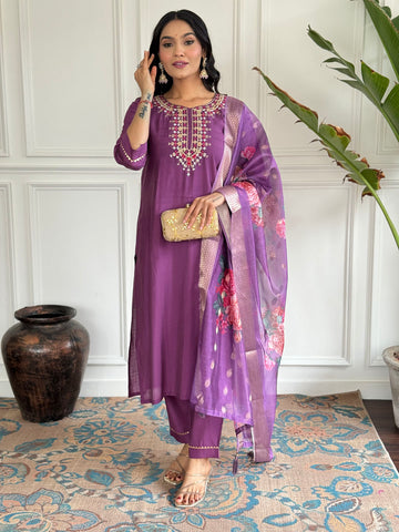 Neck Embroidered Chanderi Kurta With Pants & Dupatta