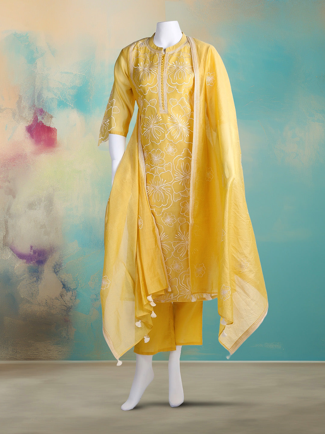Embroidered Chanderi Kurta With Pant & Dupatta