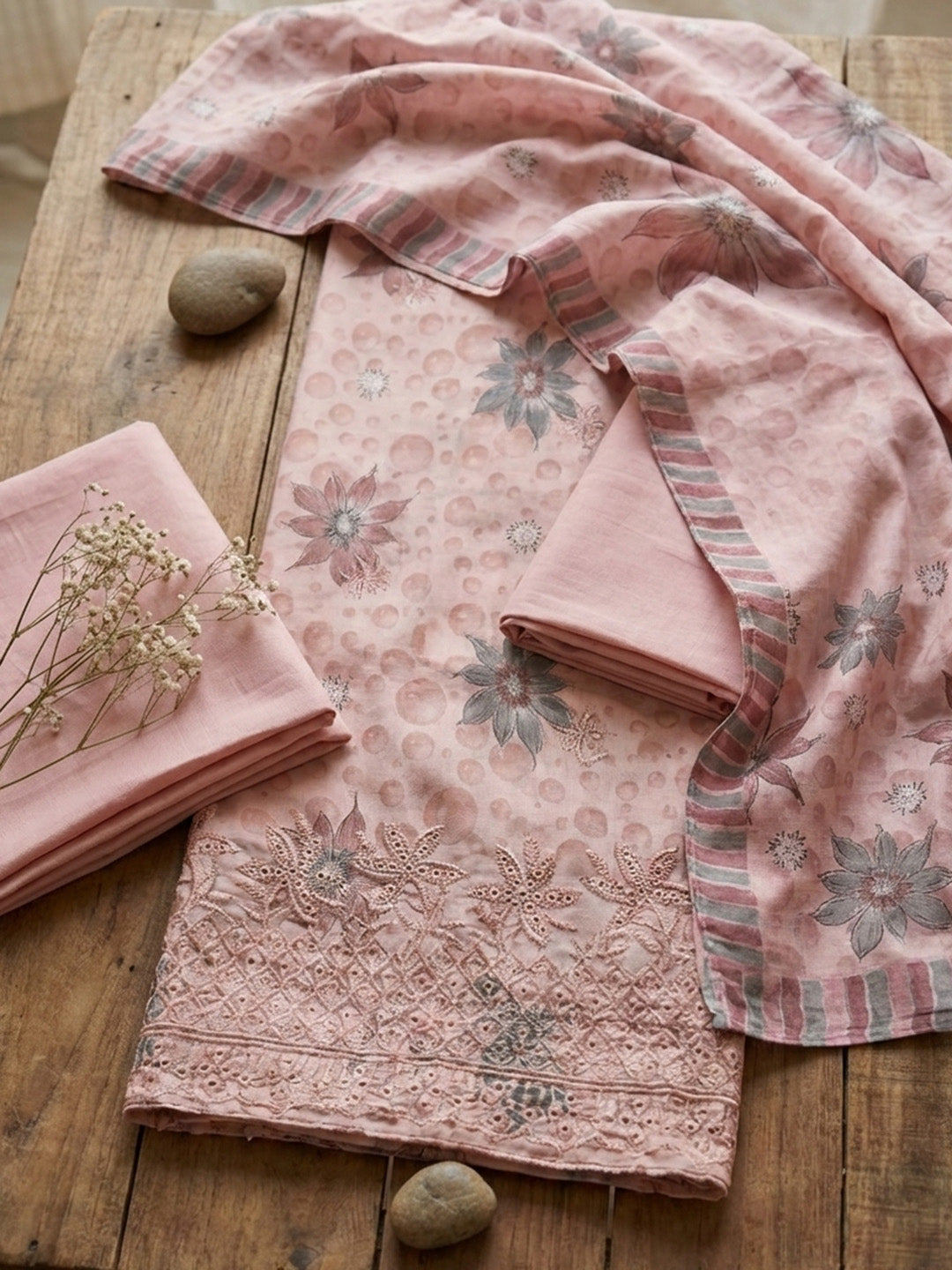 Printed Cotton Blend Unstitched Suit With Pant &amp; Dupatta