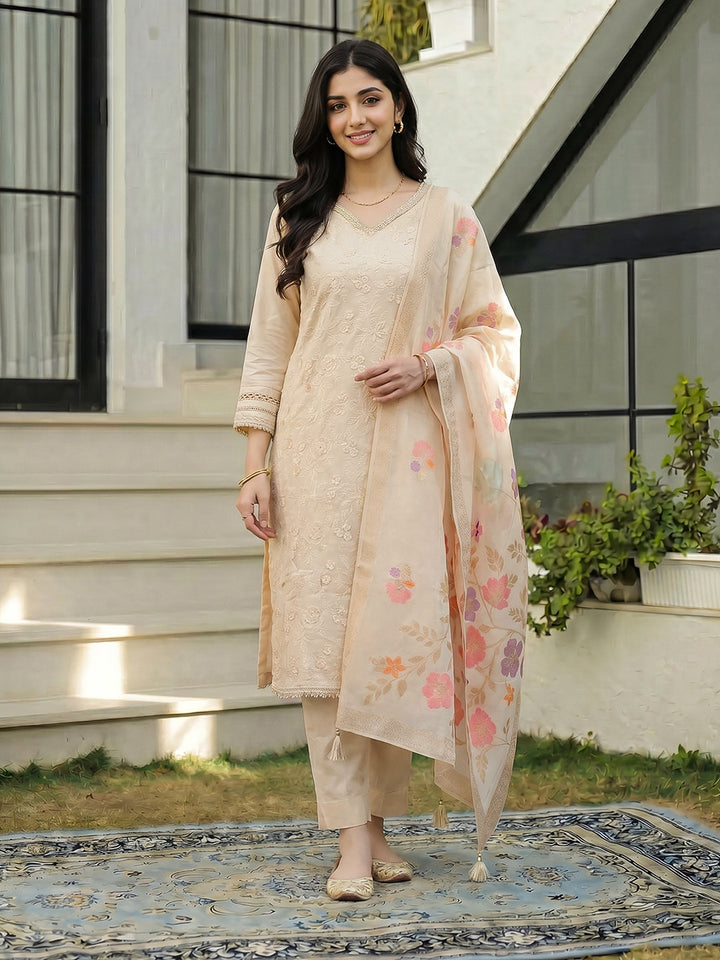Embroidered Cotton Blend Suit Set With Dupatta