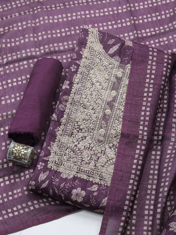 Embroidered Cotton Blend Unstitched Suit With Pant &amp; Dupatta
