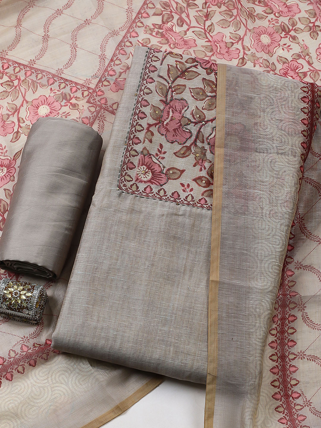 Embroidered Chanderi Unstitched Suit With Pant &amp; Dupatta
