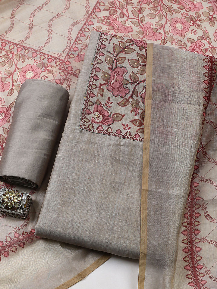 Embroidered Chanderi Unstitched Suit With Pant &amp; Dupatta
