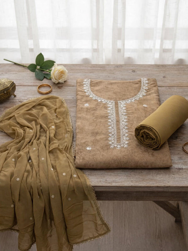 Embroidered Chanderi Unstitched Suit With Pant &amp; Dupatta