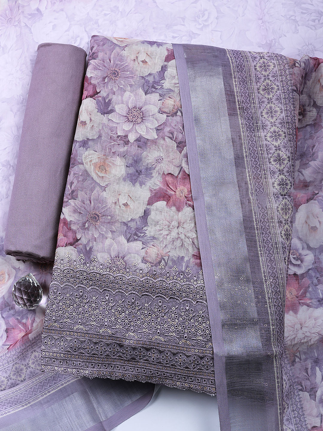 Embroidered Linen Blend Unstitched Suit With Pant &amp; Dupatta