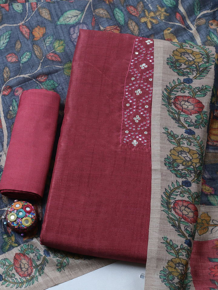 Embroidered Tussar Unstitched Suit With Pant &amp; Dupatta