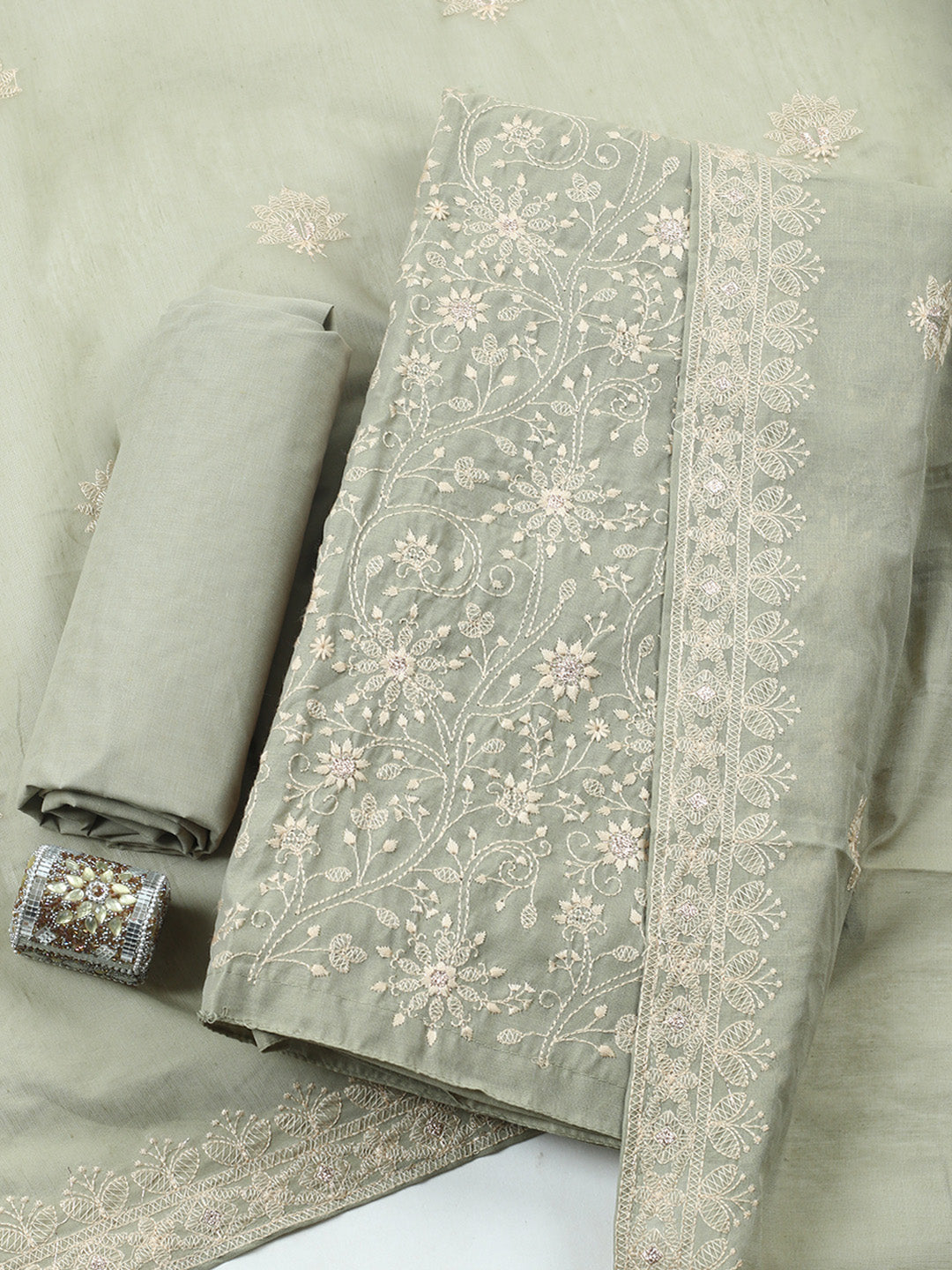 Embroidered Chanderi Unstitched Suit With Pant &amp; Dupatta