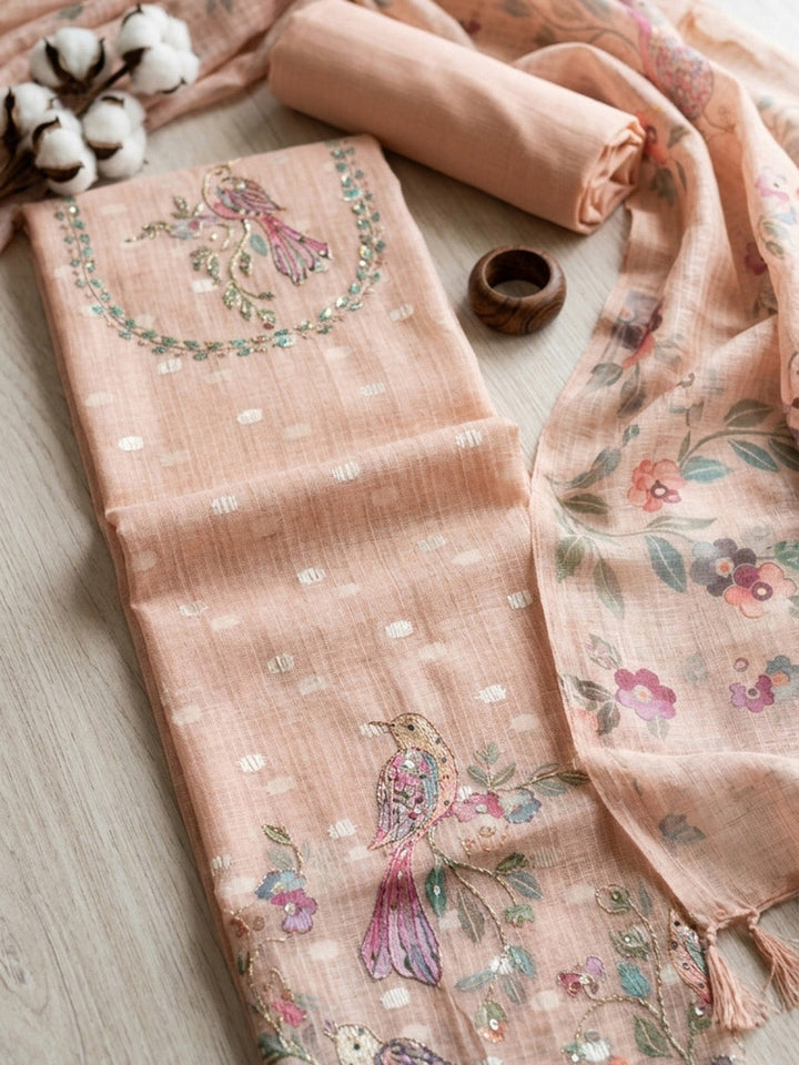 Embroidered Cotton Blend Unstitched Suit With Pant &amp; Dupatta