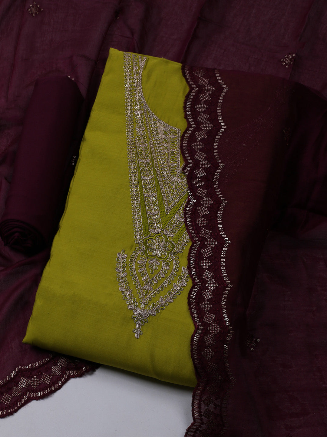 Neck Embroidered Chanderi Unstitched Suit With Dupatta