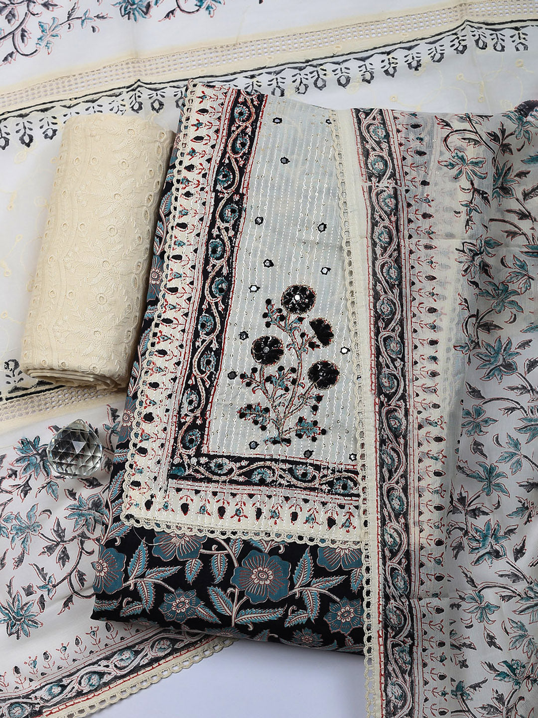 Embroidered Cotton Blend Unstitched Suit With Pant &amp; Dupatta