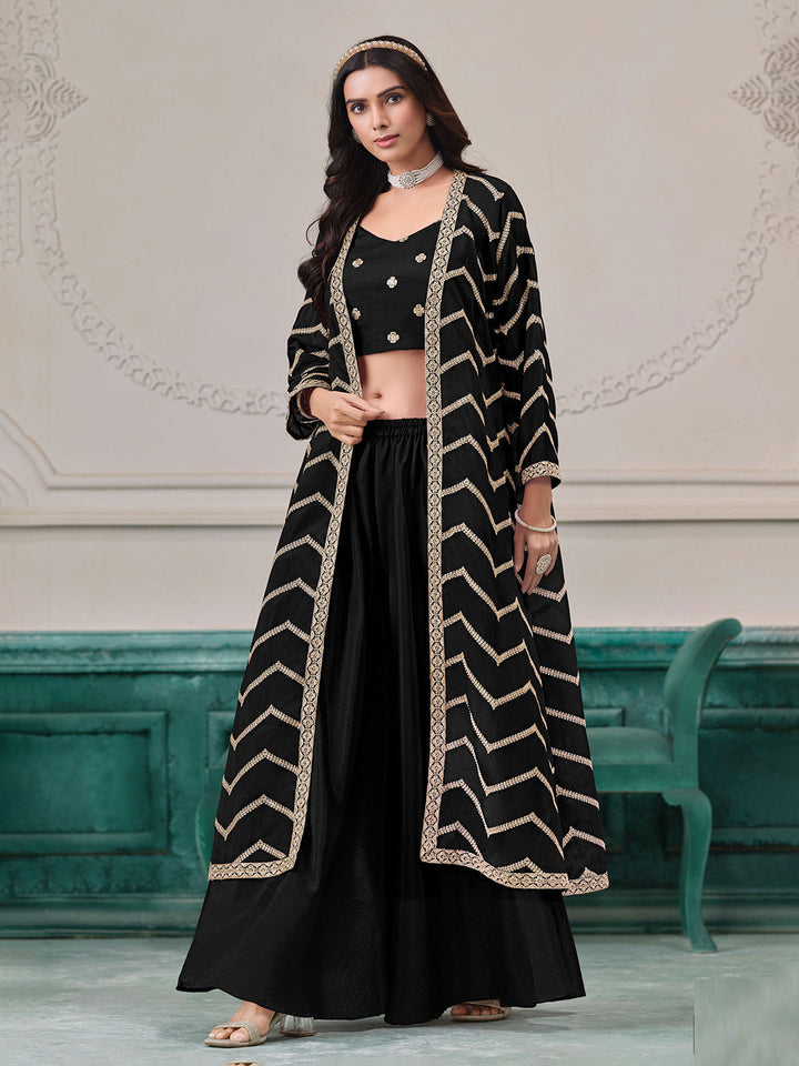 Embroidered Chinnon Choli With Plazzo &amp; Jacket