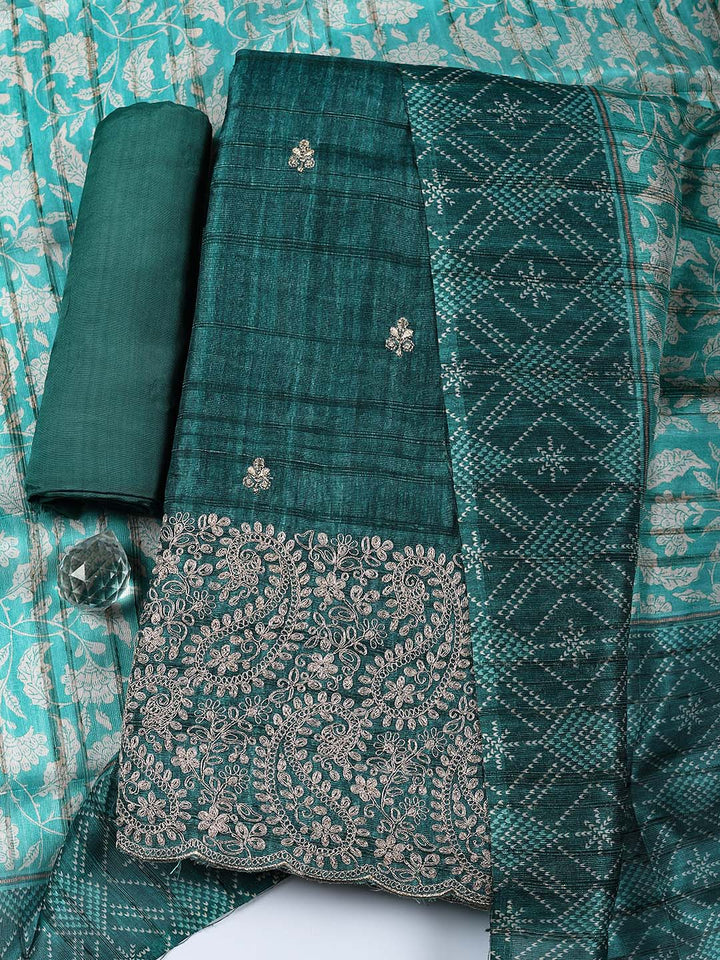 Embroidered Tussar Silk Unstitched Suit With Pant &amp; Dupatta