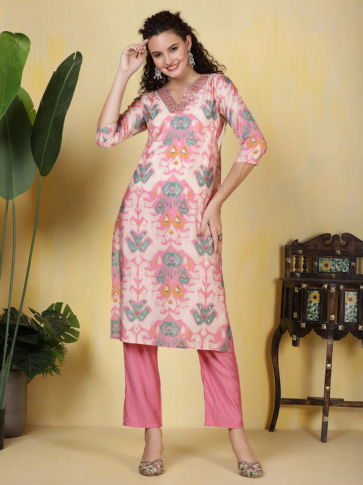 Neck Embroidered Muslin Kurta With Pants