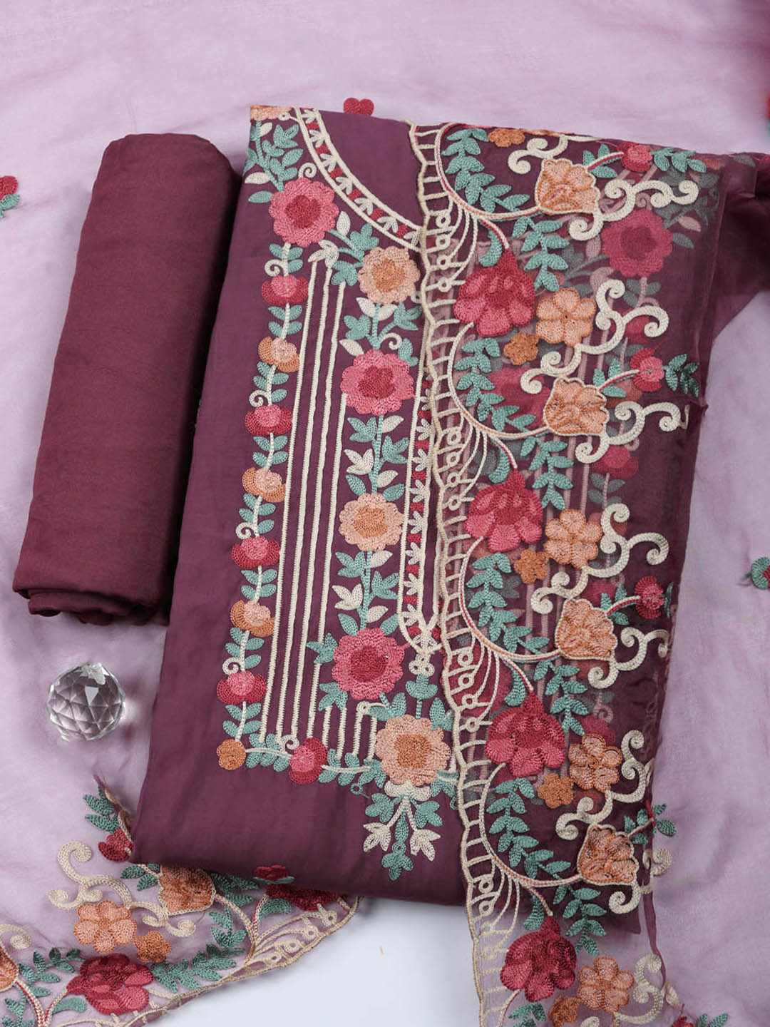 Embroidered Cotton Blend Unstitched Suit With Pant &amp; Dupatta