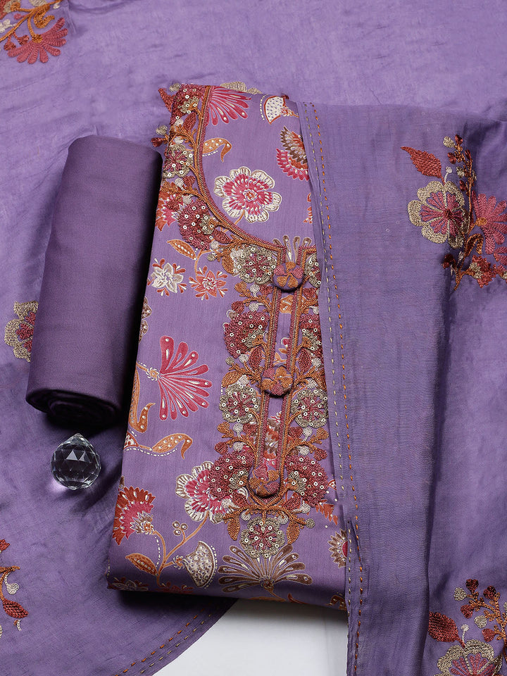 Embroidered Cotton Blend Unstitched Suit With Pant &amp; Dupatta