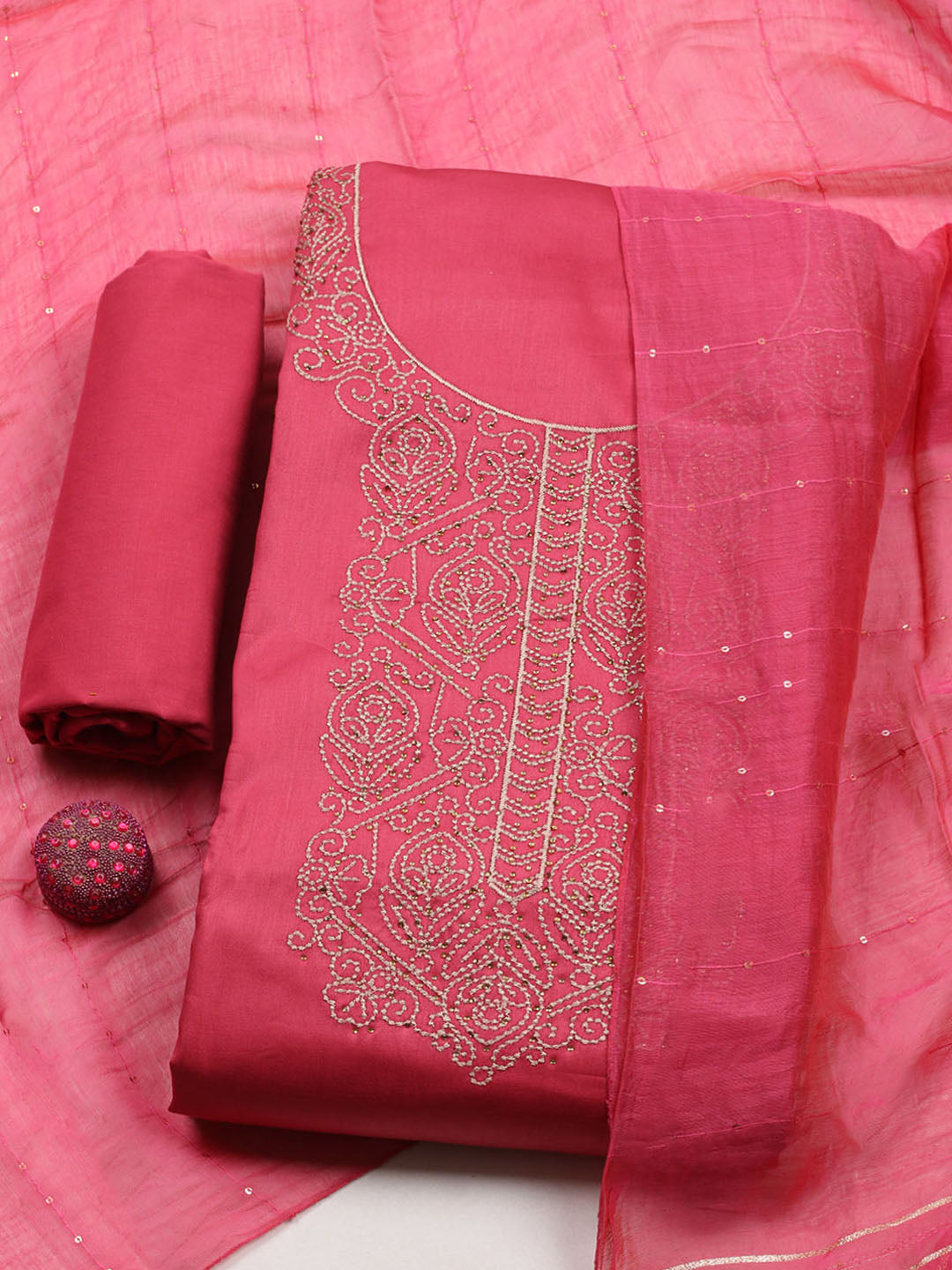 Embroidered Chanderi Unstitched Suit With Pant &amp; Dupatta