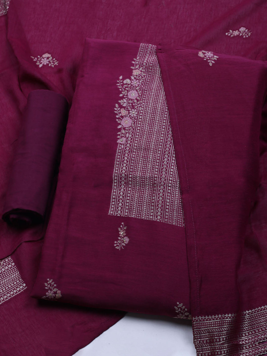 Embroidered Chanderi Unstitched Suit With Dupatta