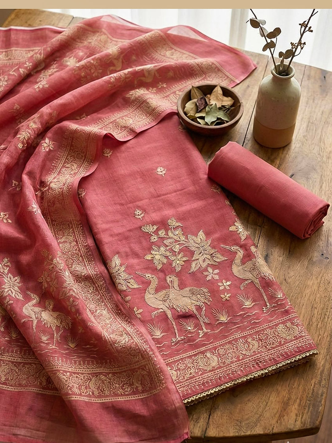 Printed Chanderi Unstitched Suit With Pant &amp; Dupatta