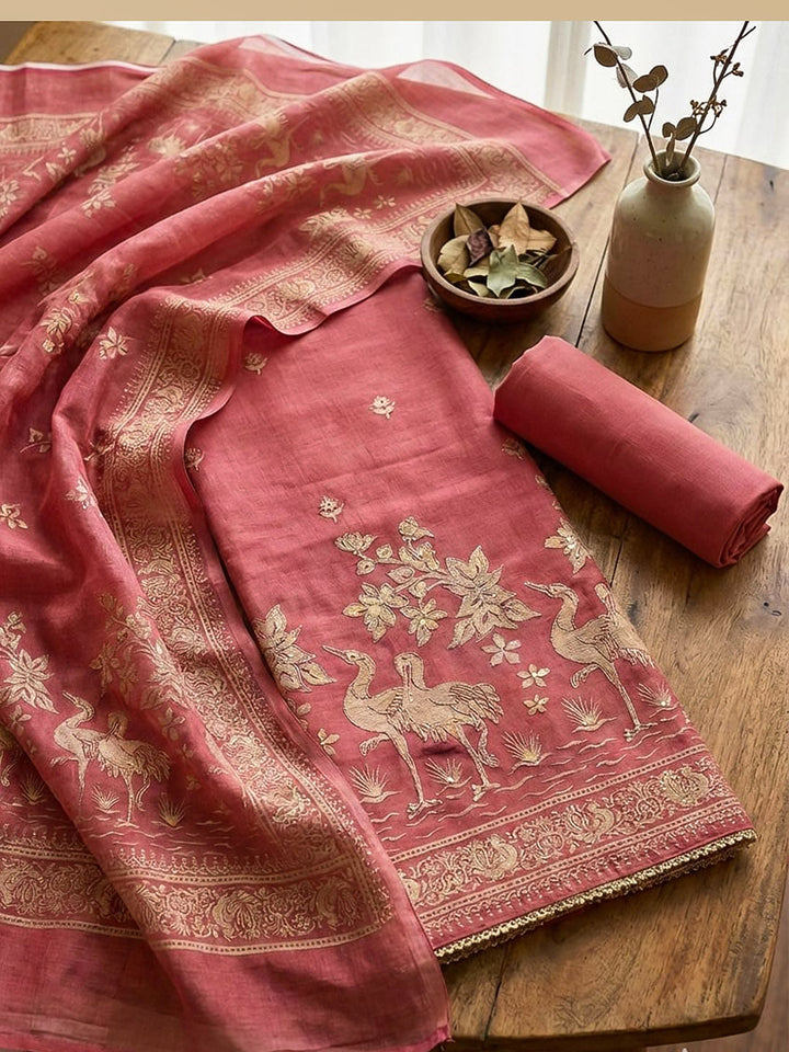 Printed Chanderi Unstitched Suit With Pant &amp; Dupatta