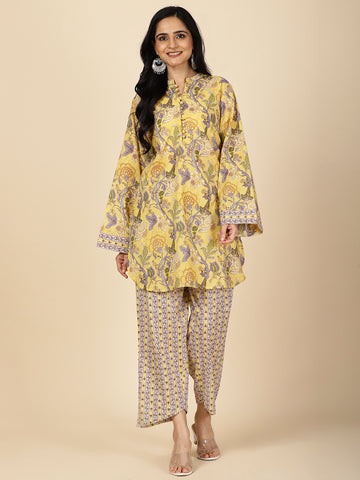 Floral Printed Cotton Kurti With Pants