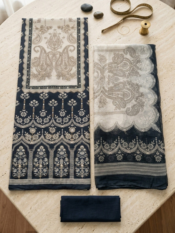 Printed Cotton Blend Unstitched Suit With Pant &amp; Dupatta