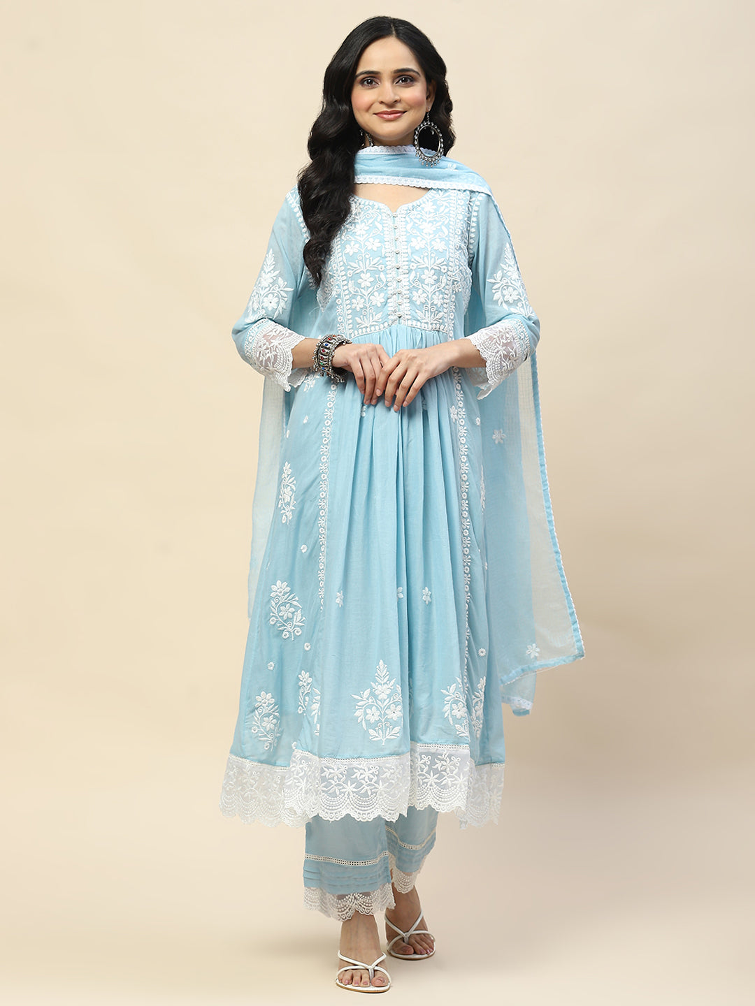 Neck Embroidery Cotton Anarkali With Pants & Dupatta
