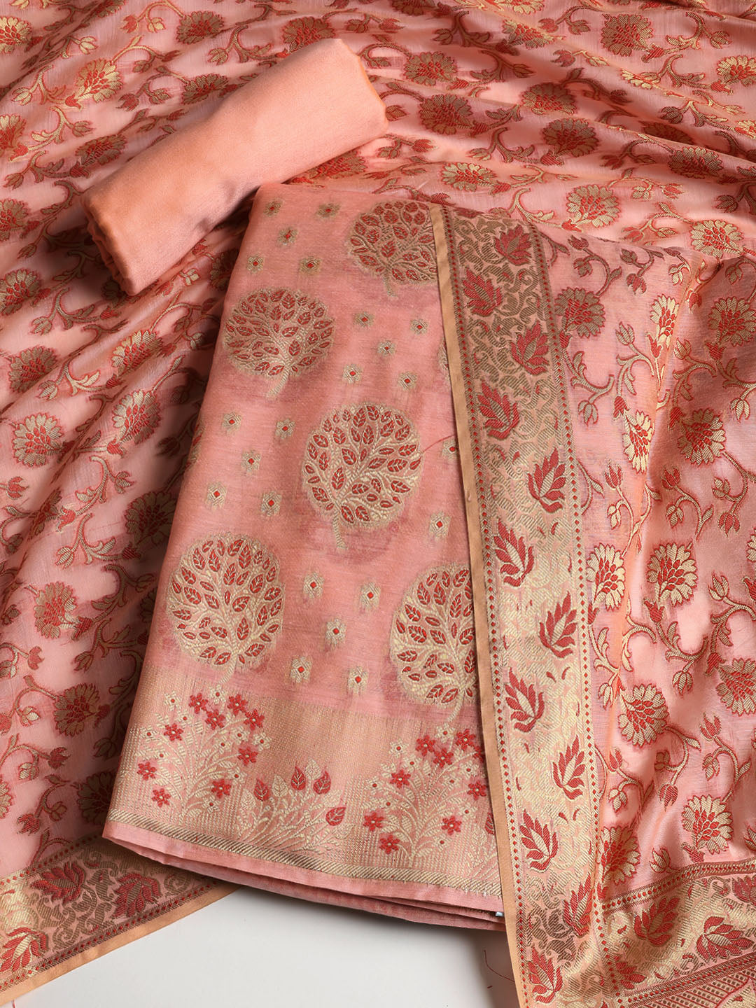 Woven Banarasi Chanderi Unstitched Suit With Dupatta
