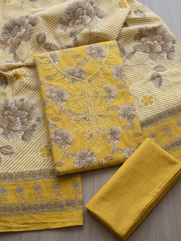 Embroidered Cotton Blend Unstitched Suit With Pant &amp; Dupatta