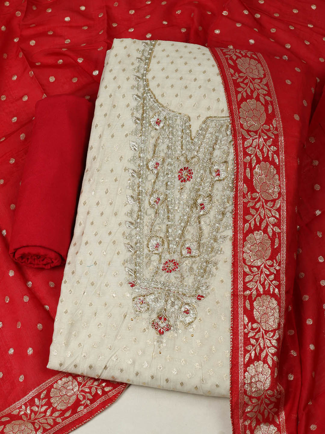 Embroidered Chanderi Unstitched Suit With Pant &amp; Dupatta