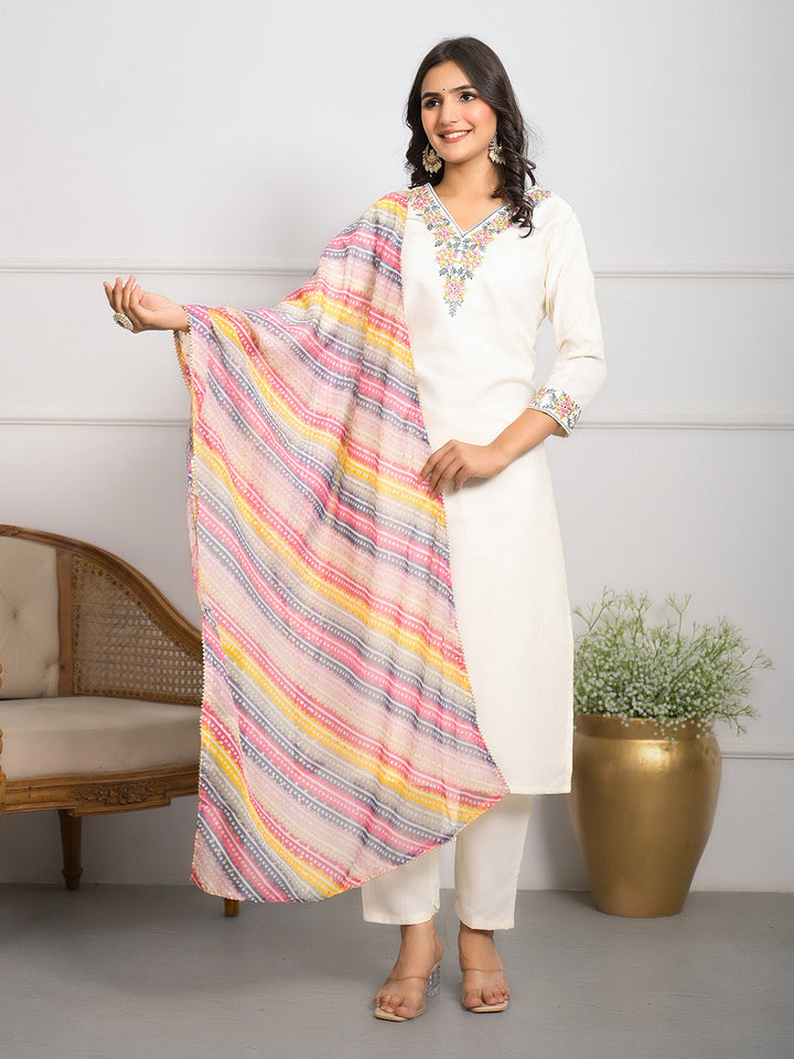 Neck Embroidered Cotton Blend Kurta With Pants &amp; Dupatta