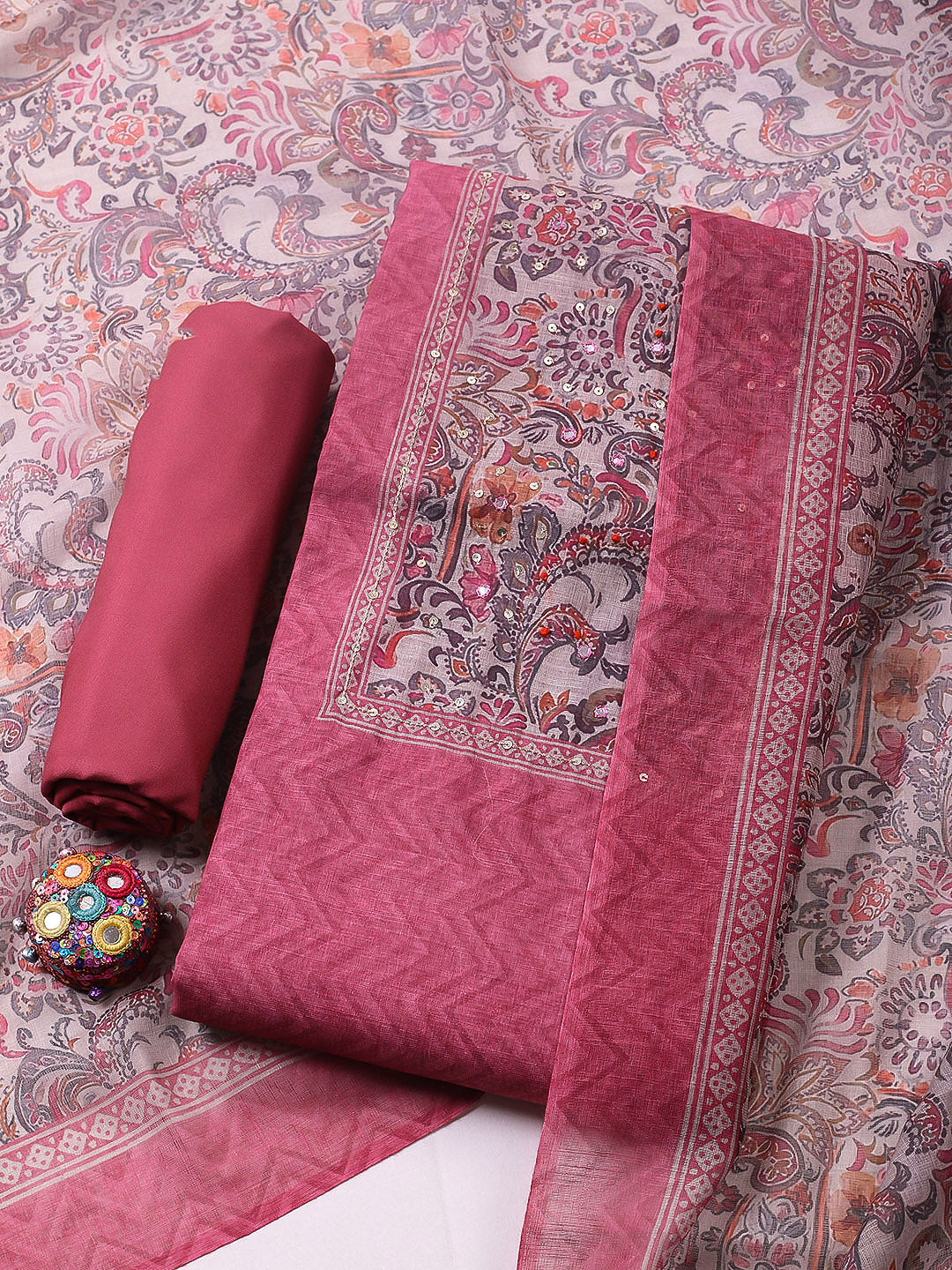 Embroidered Chanderi Unstitched Suit With Pant &amp; Dupatta