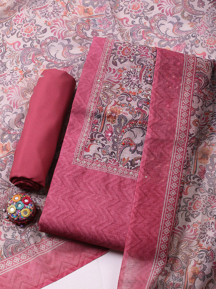 Embroidered Chanderi Unstitched Suit With Pant &amp; Dupatta