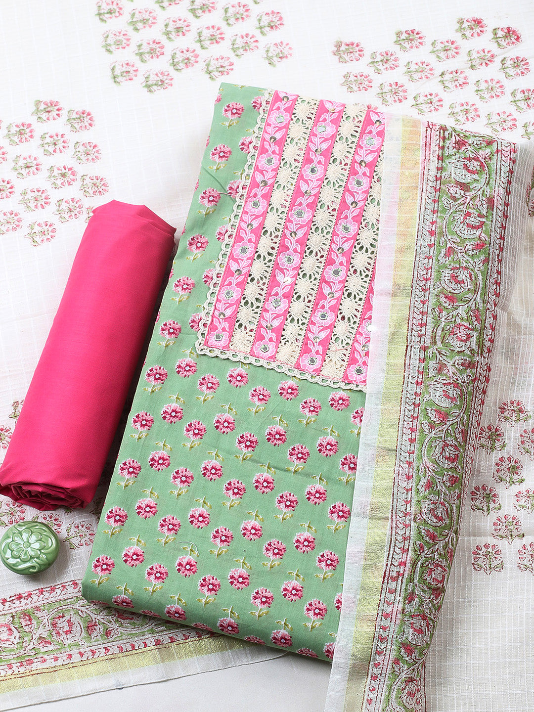 Printed Cotton Blend Unstitched Suit With Pant &amp; Dupatta