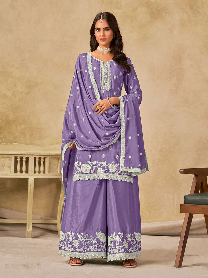 Embroidered Chinnon Semi Stitched Kurta With Plazzo &amp; Dupatta