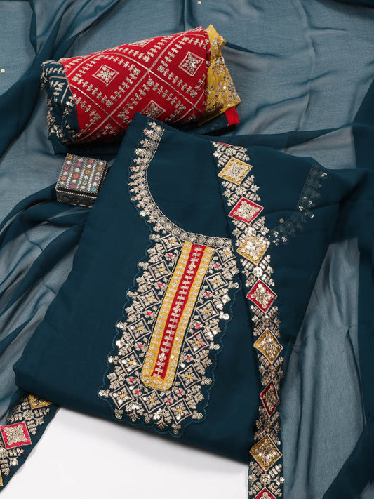 Neck Embroidered Georgette Semi Stitched Suit With Dupatta