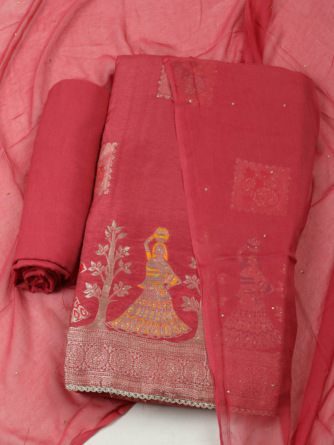 Woven Design Chanderi Unstitched Suit With Pant &amp; Dupatta