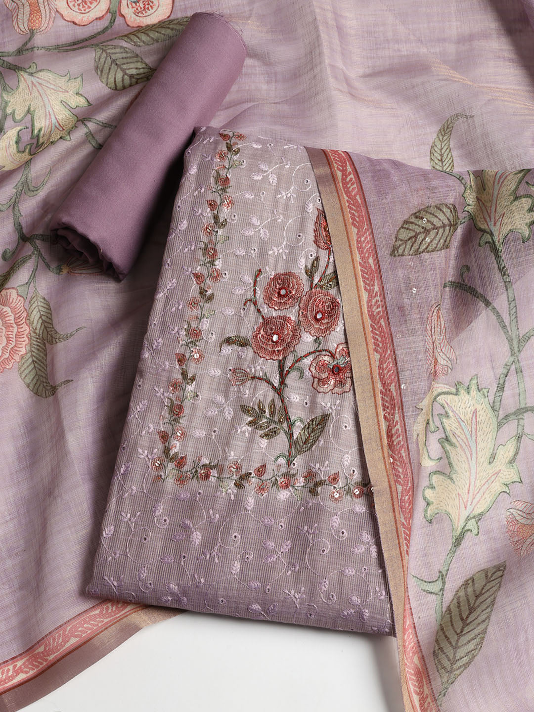Neck Embroidered Chanderi Unstitched Suit With Dupatta