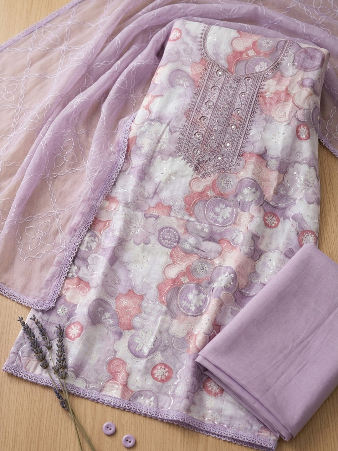 Embroidered Cotton Blend Unstitched Suit With Pant &amp; Dupatta