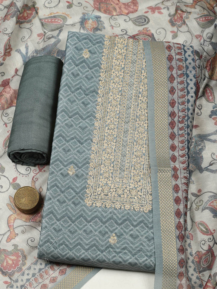 Embroidered Chanderi Unstitched Suit With Pant &amp; Dupatta