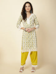 Printed & Panel Embroidery Cotton Kurta With Pants