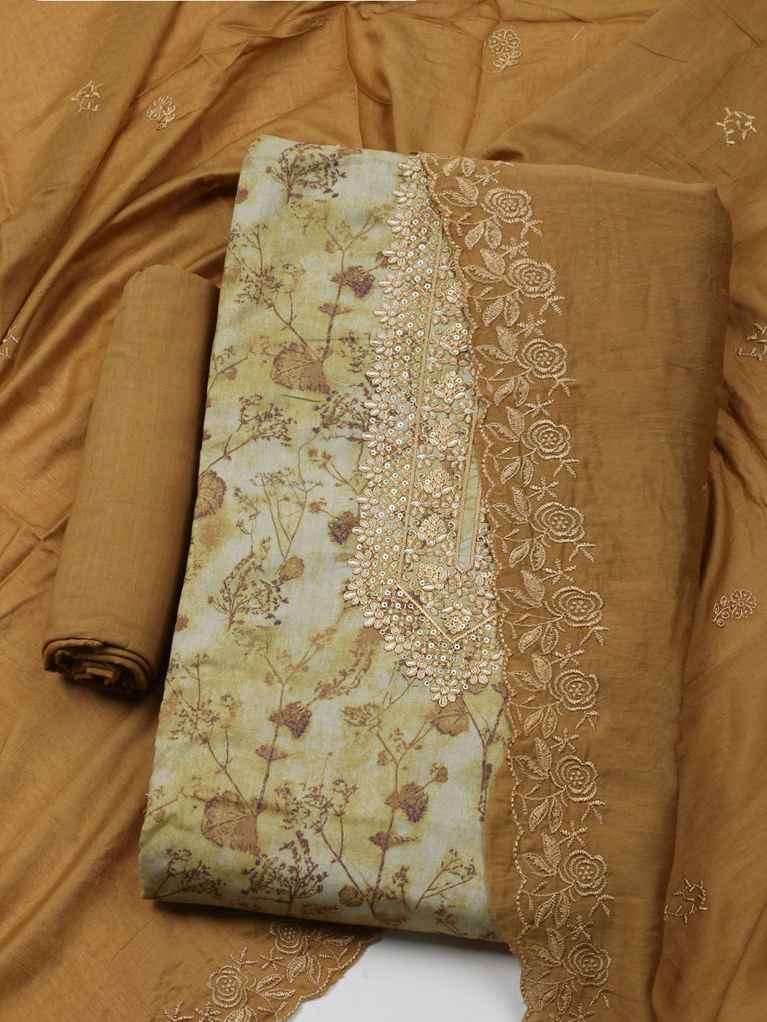 Embroidered Cotton Blend Unstitched Kurta With Pant & Dupatta