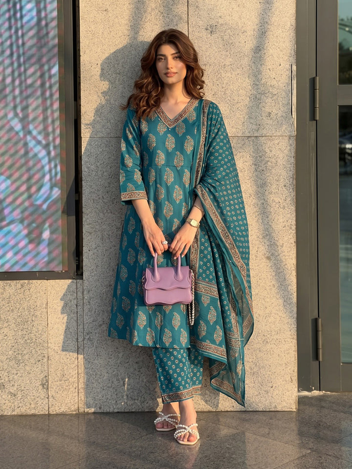Rama-Green Printed Cotton Blend Kurta With Pant &amp; Dupatta
