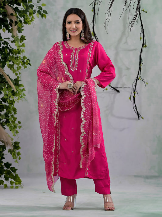 Neck Embroidery Cotton Blend Kurta With Pants & Dupatta