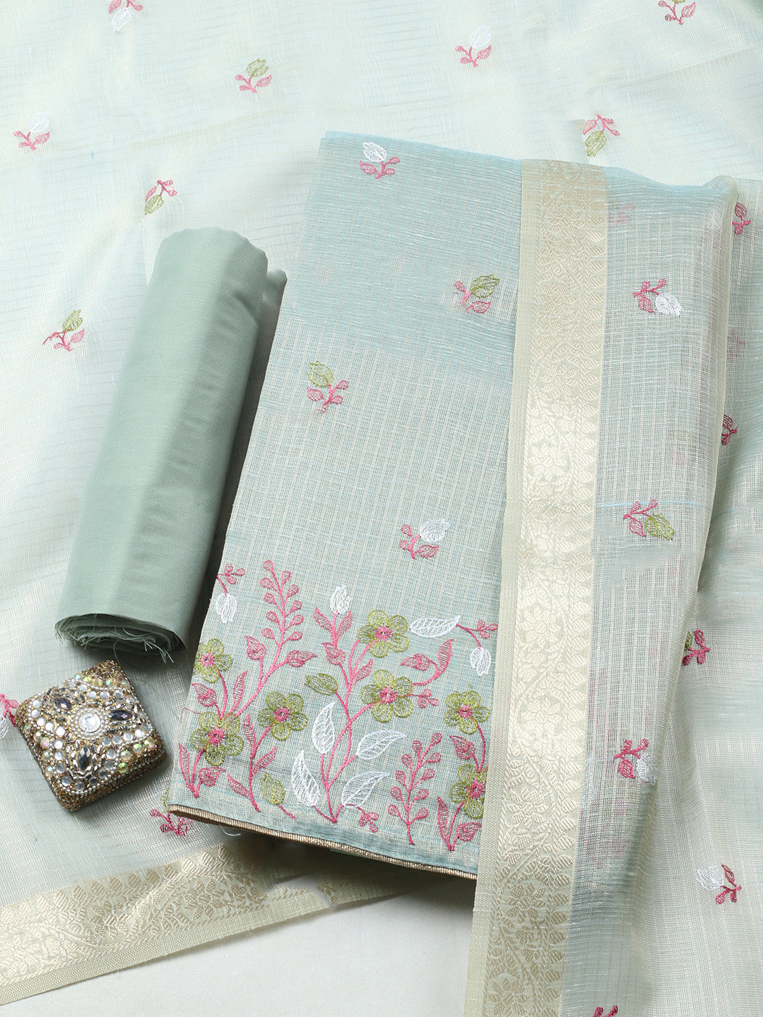 Embroidered Tissue Unstitched Suit With Pant &amp; Dupatta