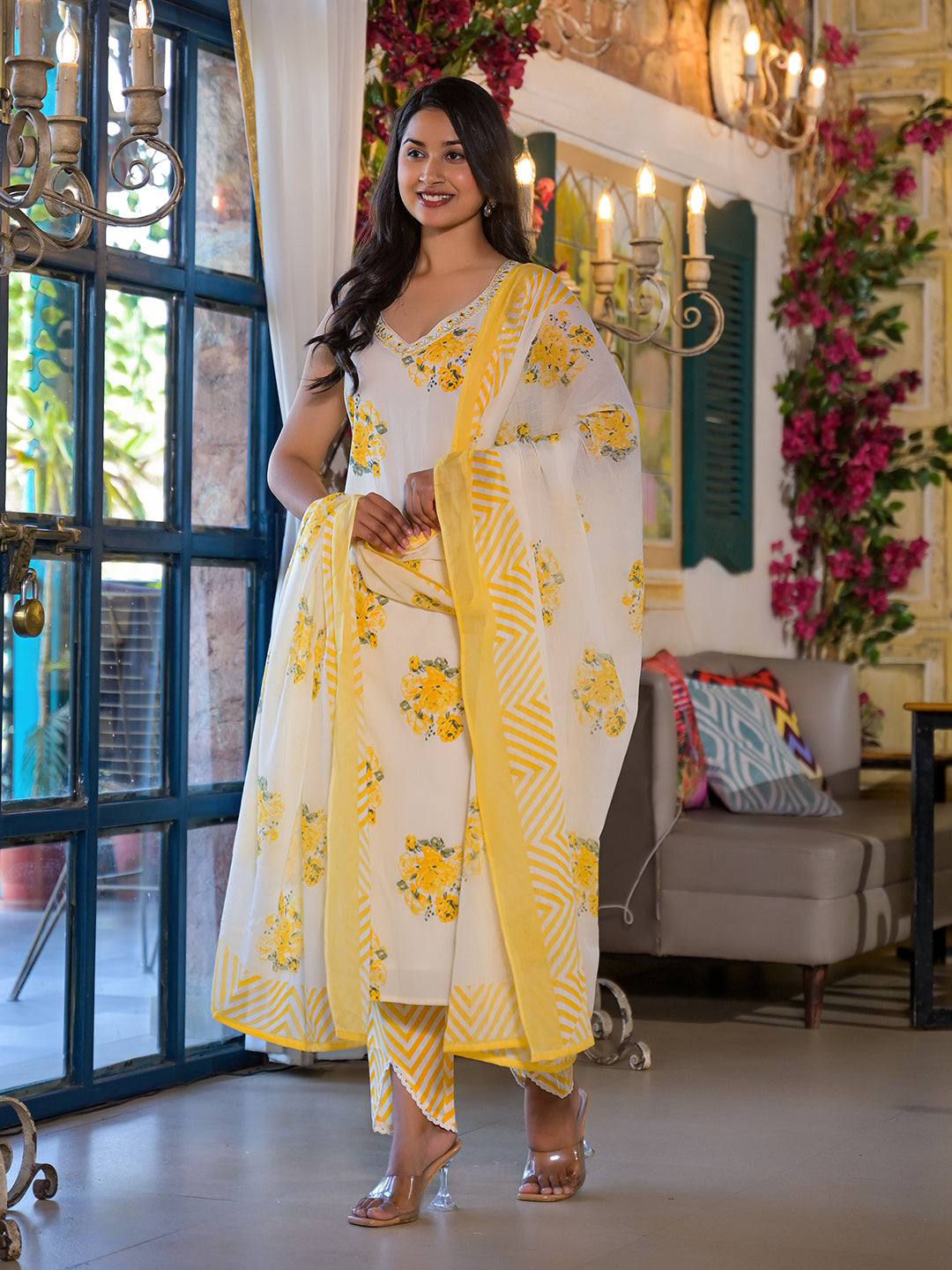 Floral Printed Cotton Blend Kurta With Pants &amp; Dupatta