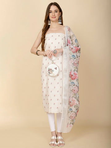 Floral Embroidery Linen Unstitched Suit Piece With Dupatta