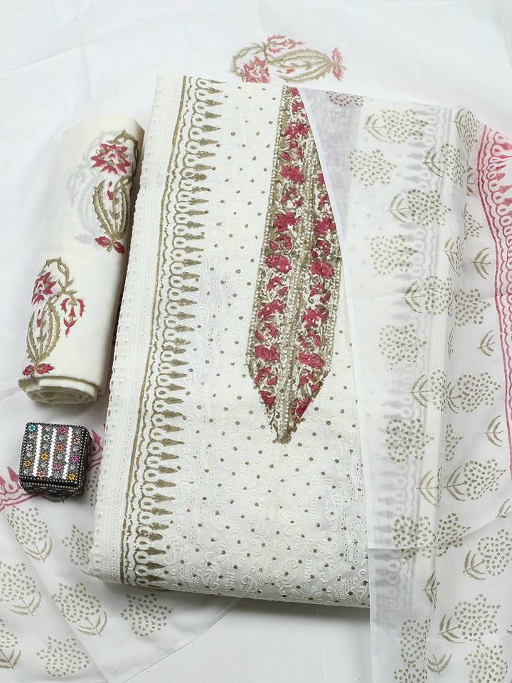Printed Cotton Blend Unstitched Suit With Pant &amp; Dupatta