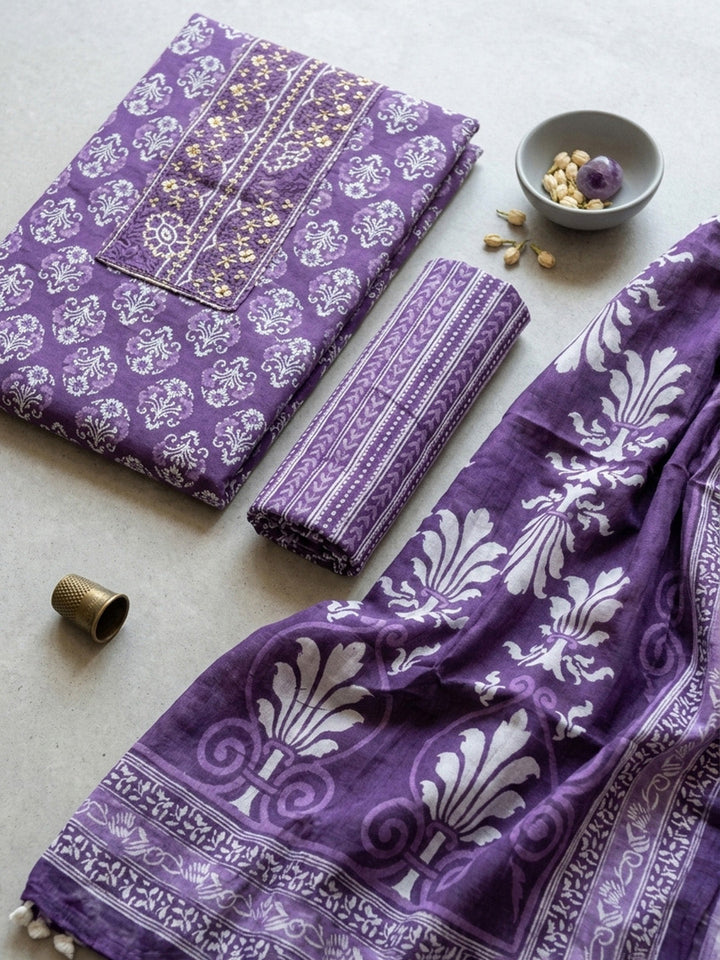 Embroidered Cotton Blend Unstitched Suit With Pant &amp; Dupatta