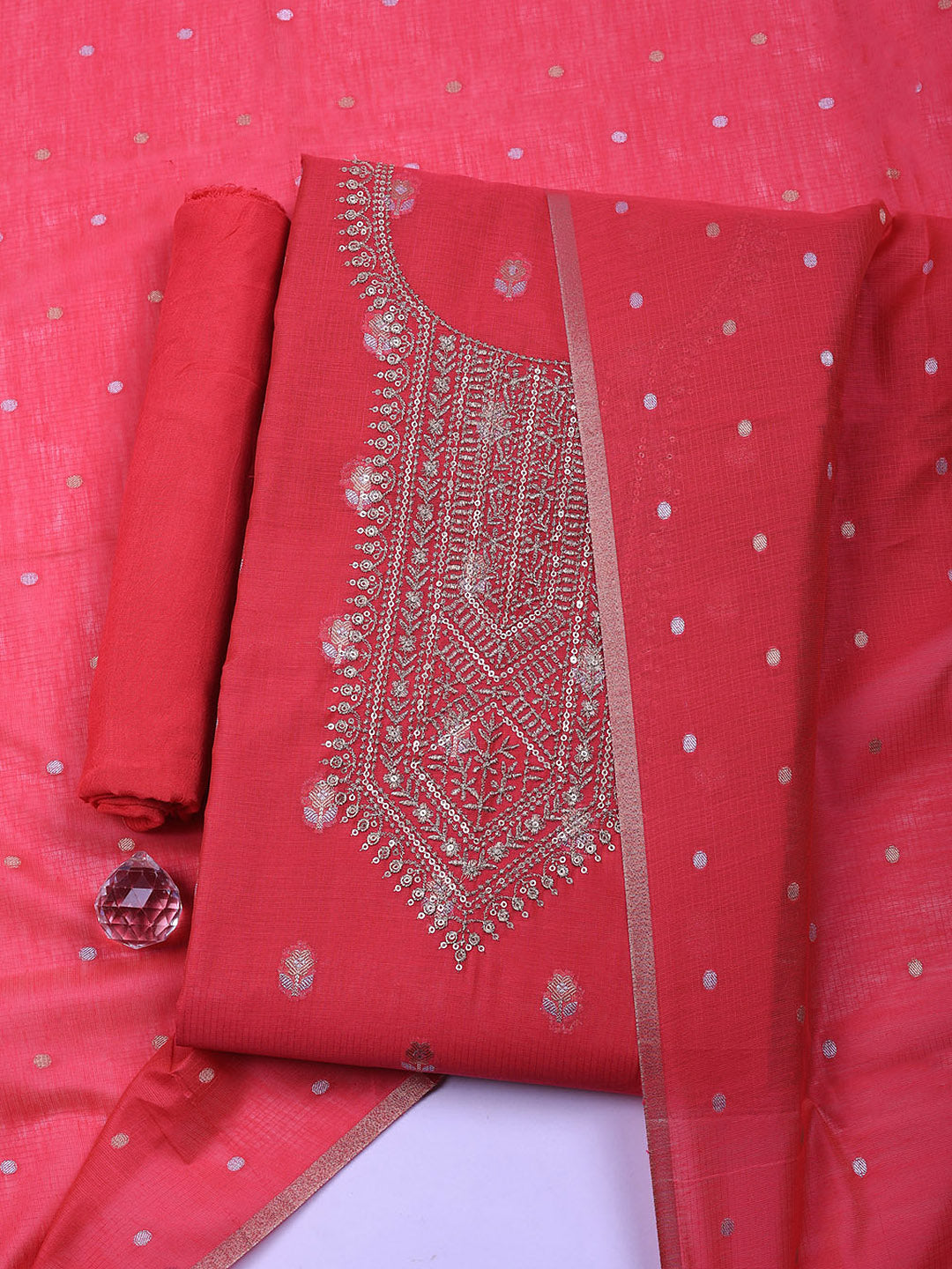 Embroidered Chanderi Unstitched Suit With Pant &amp; Dupatta